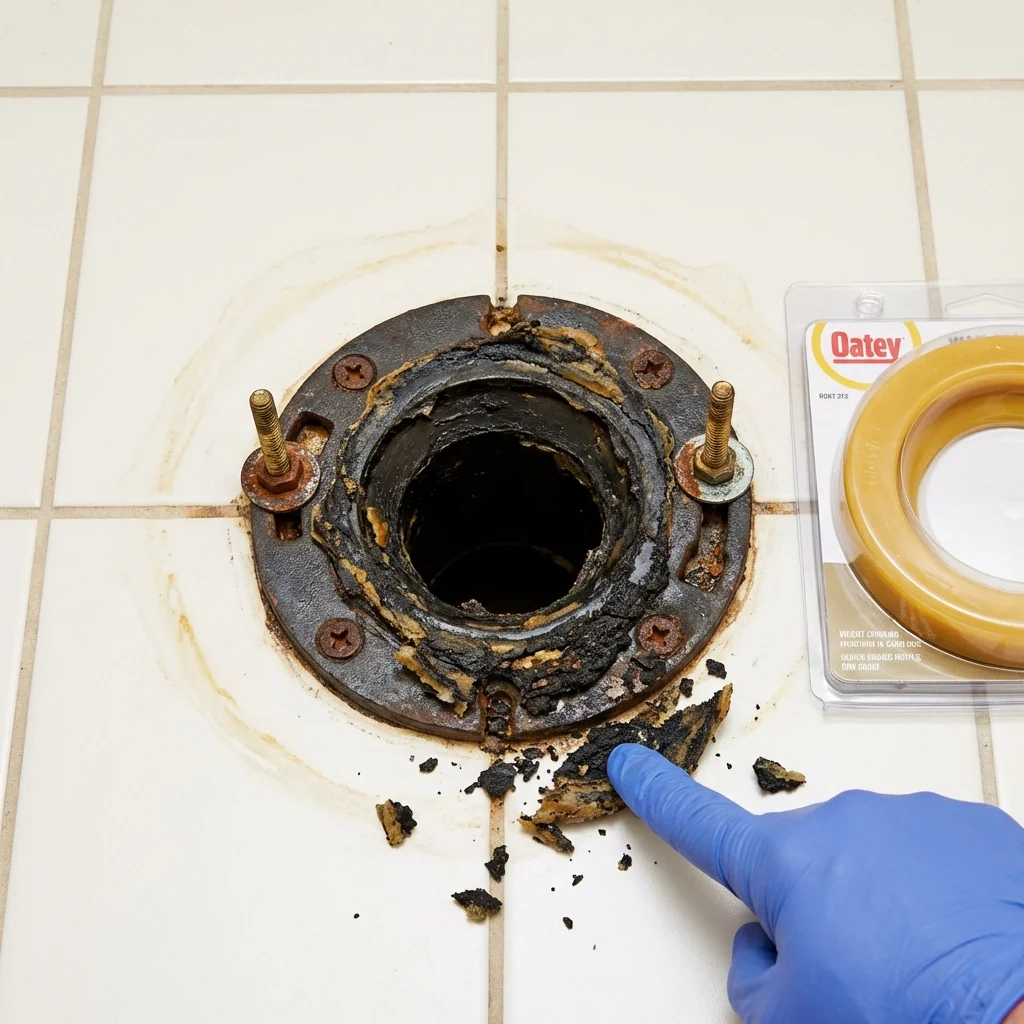 Failed wax ring showing water seepage at the base of a toilet in a Milford, MI home