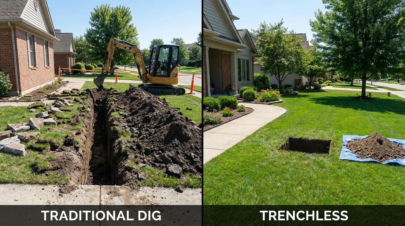 Trenchless sewer repair with minimal yard damage versus traditional excavation in Milford, MI