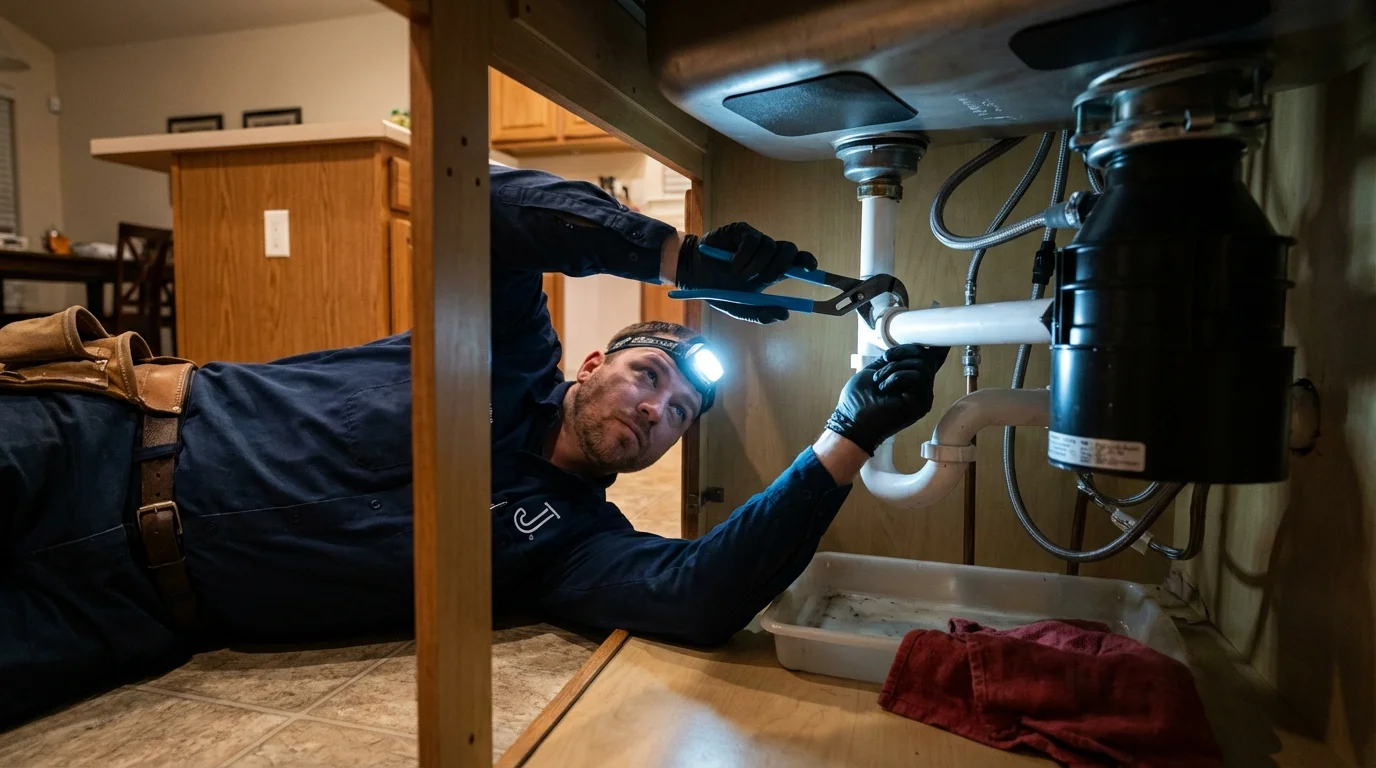 P-trap and supply line connections under a kitchen sink showing a common leak point in Milford, MI